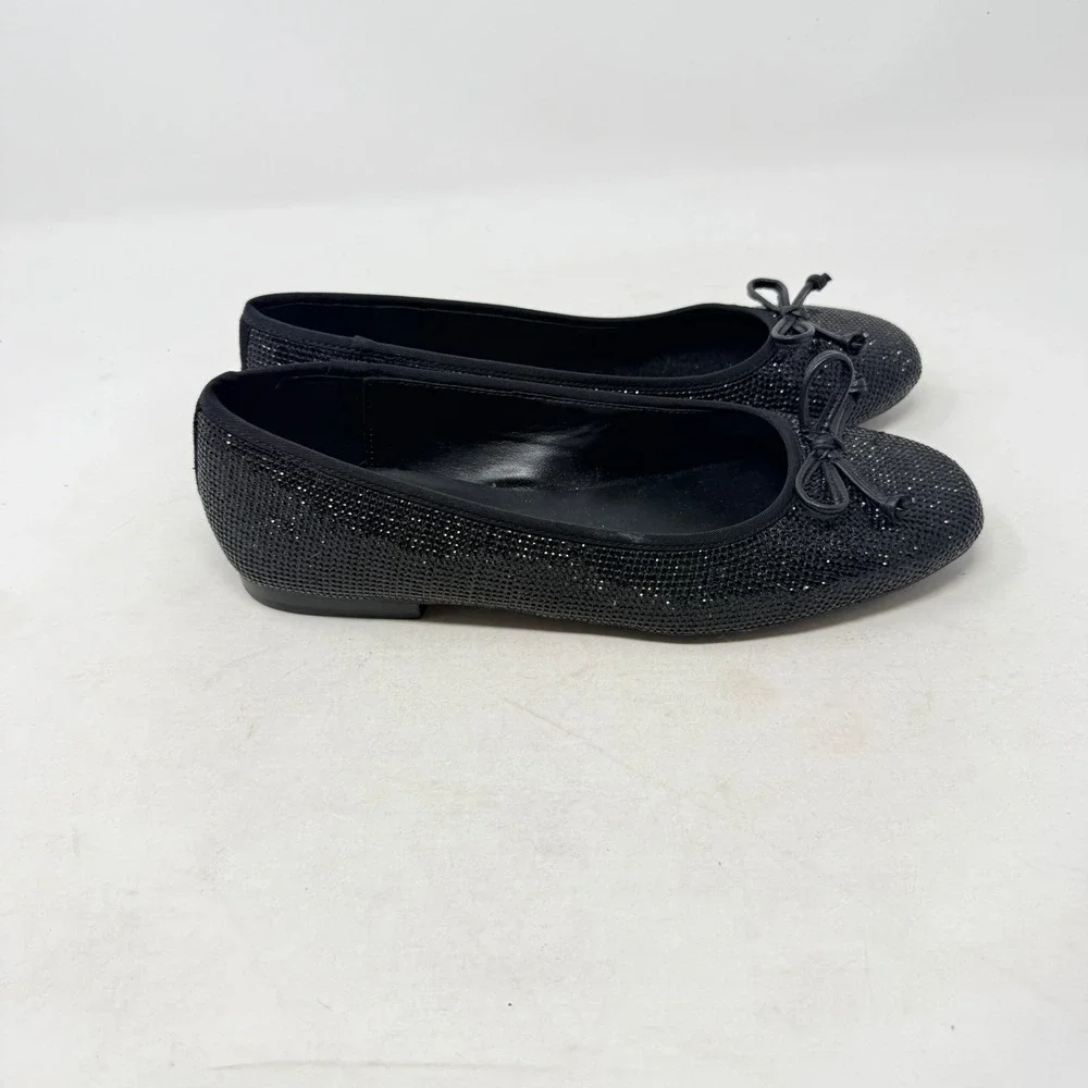 White House Black Market Ballet Flats Black 9 Rhinestone Sparkle Bow Evening